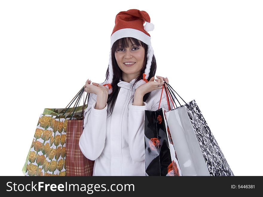 Woman with purchase on Christmas against a white background. Woman with purchase on Christmas against a white background