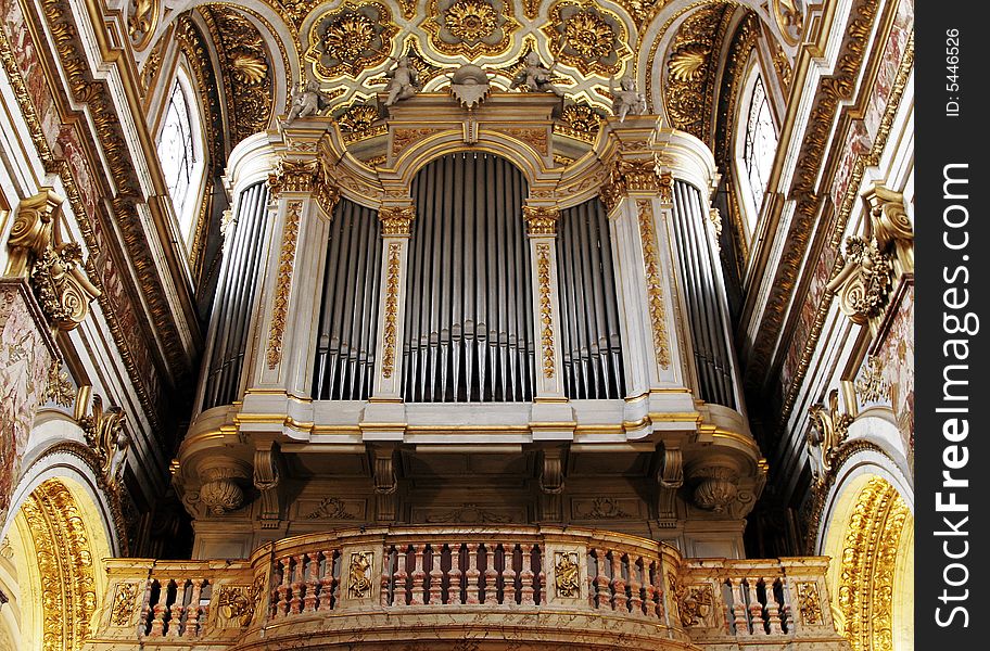 Golden Church Pipe Organ In Italy, Europe