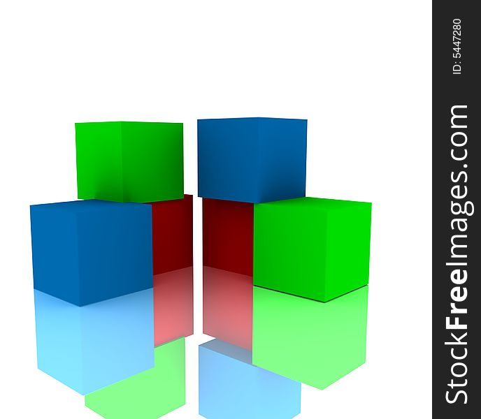 3d illustration of colored cubes and their reflection