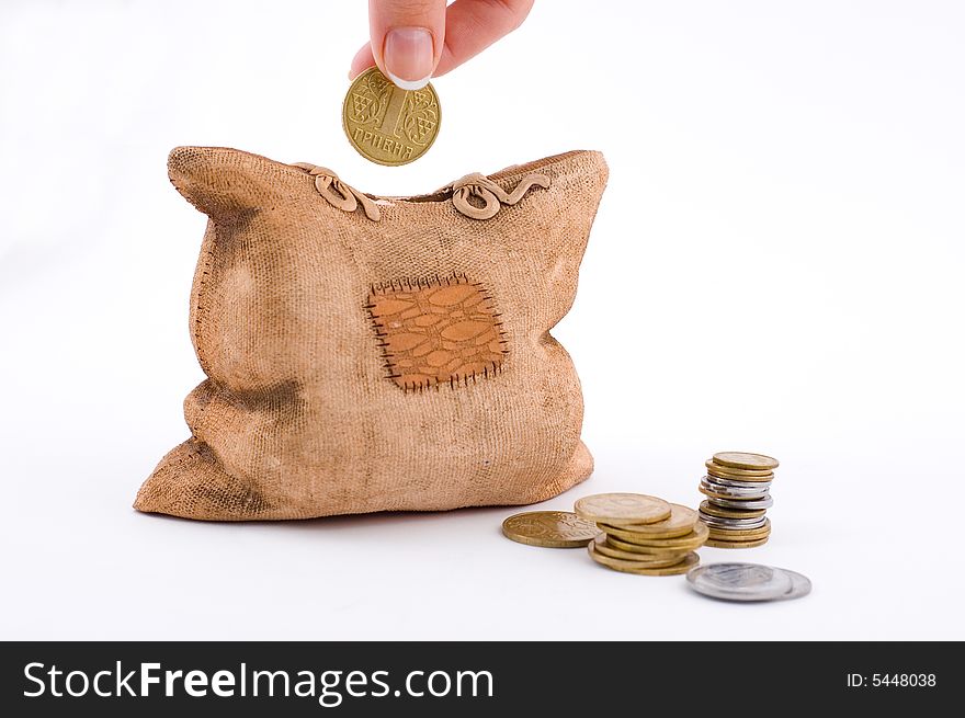 Isolated piggy bank with coins and woman's hand