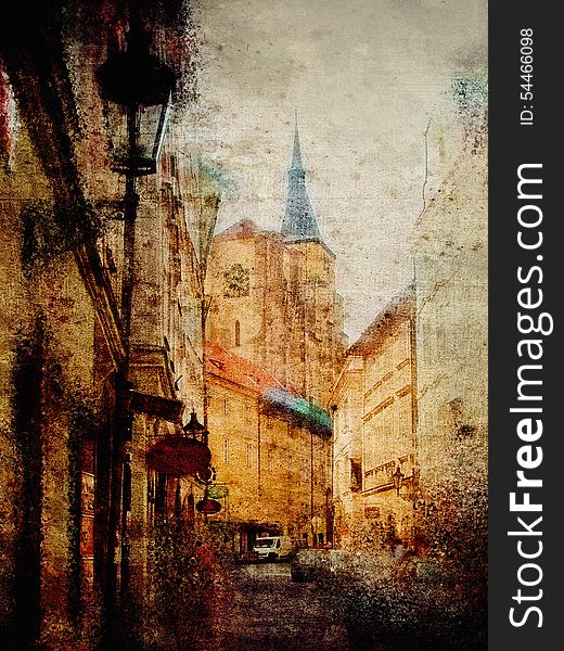 Vintage retro effect textured panoramic image of Prague. Grunge illustration