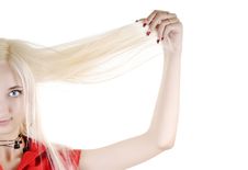 Sexy Woman Holds Her Long White Hair Stock Photos