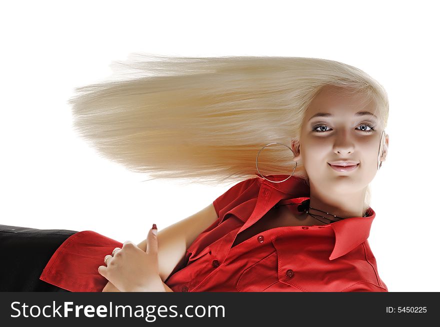 Horizontal portrait of woman with long blond hair in red t-short. Horizontal portrait of woman with long blond hair in red t-short