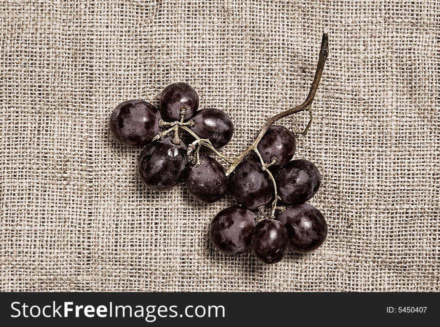 Bunch of grapes on rough canvas.