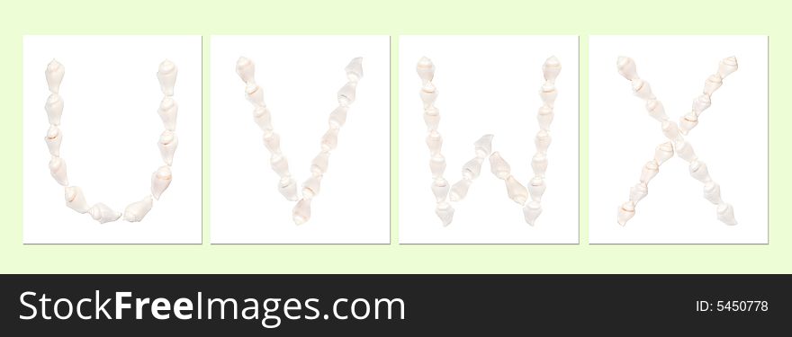 Seashell letters on white background, letter U,V,W,X. Seashell letters on white background, letter U,V,W,X