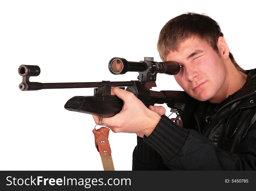 Young man to aim from sniper gun