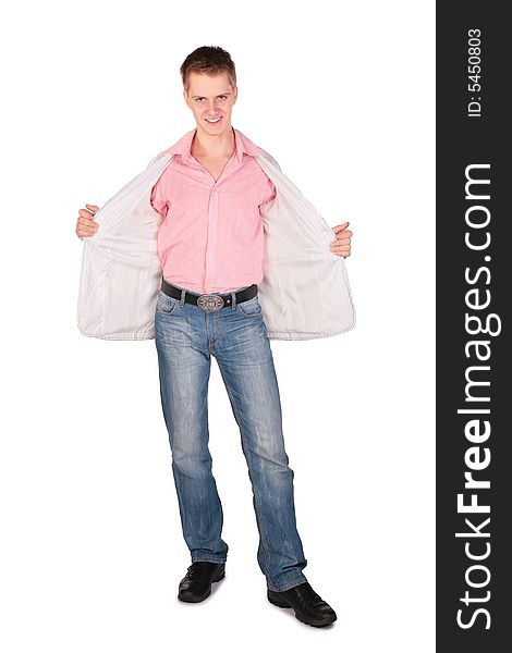 Young man opened jacket on white