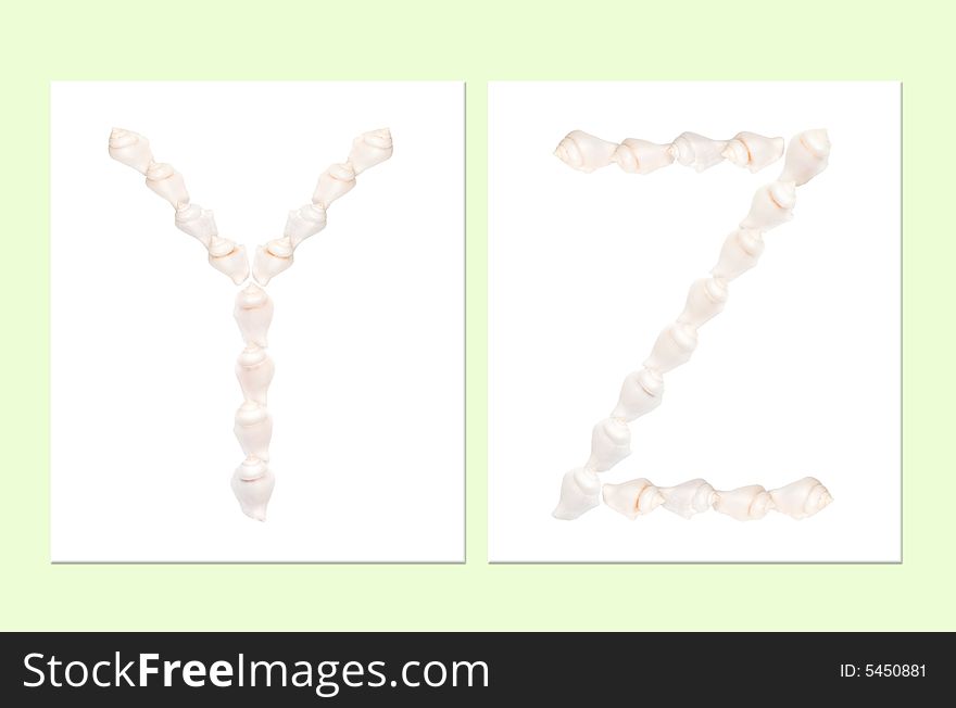 Seashell letters on white background, letter Y,Z. Seashell letters on white background, letter Y,Z