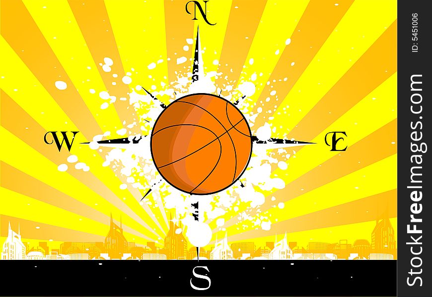 Basketball  compass on sunburst background