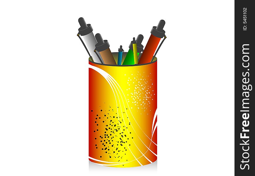 Pens in box on isolated background
