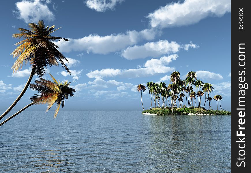 Coconut palm trees on a small island - digital artwork. Coconut palm trees on a small island - digital artwork