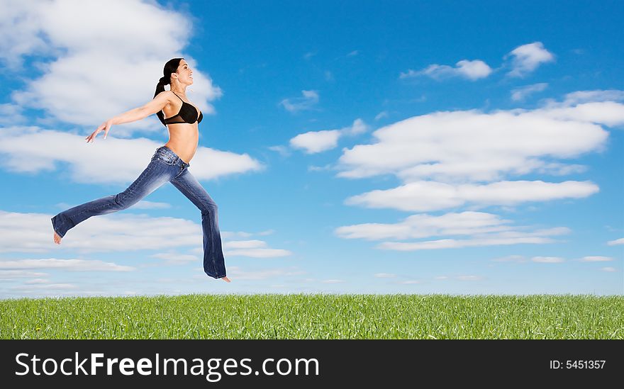 Young girl try a fly in summer day