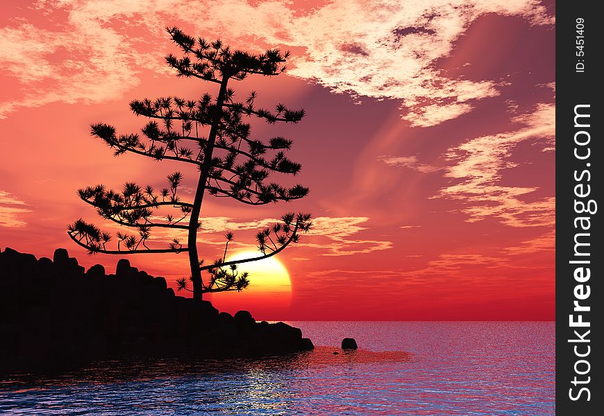Pine tree at sea coast - 3d illustration.