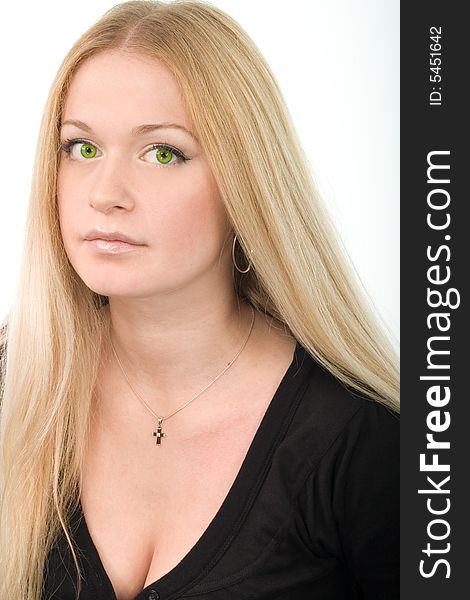 Young attractive green-eyed woman in black on white background