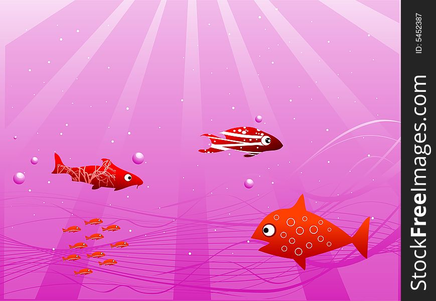 Sun ray in water with fish on abstract background