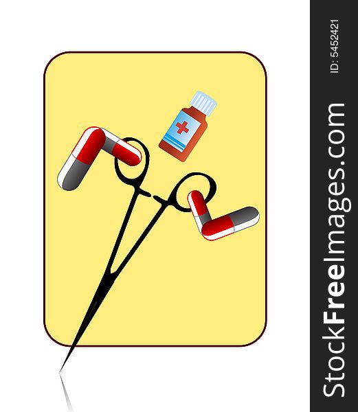 Scissor and medicine on abstract background
