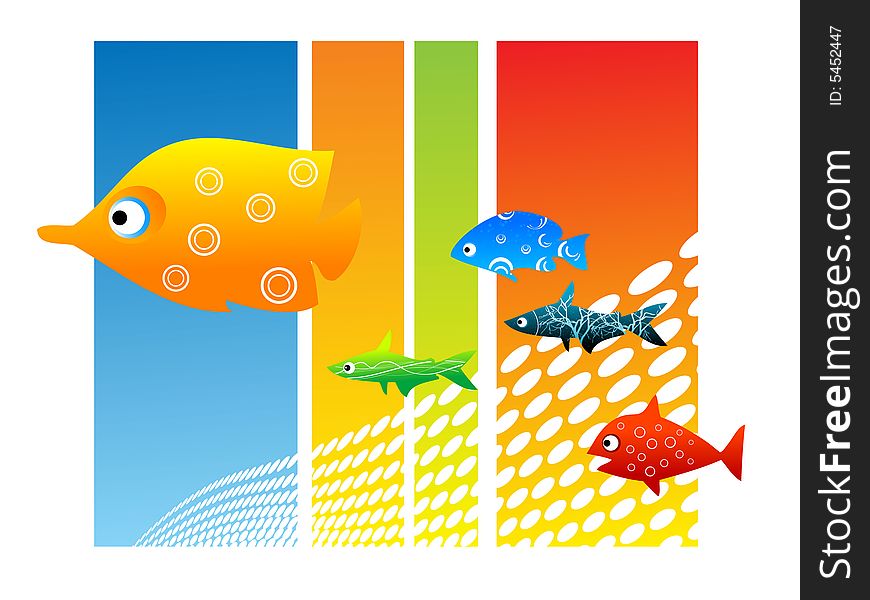 Fish of different colors on stripy background. Fish of different colors on stripy background
