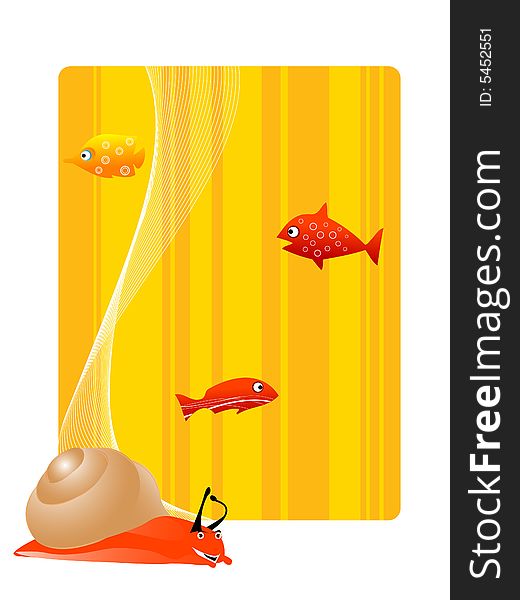 Snail and fish on stripy rectangular background