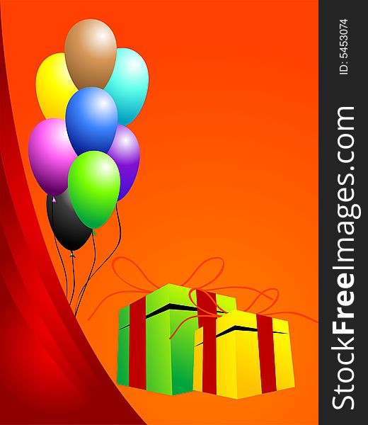 Gifts and balloons on curvy background
