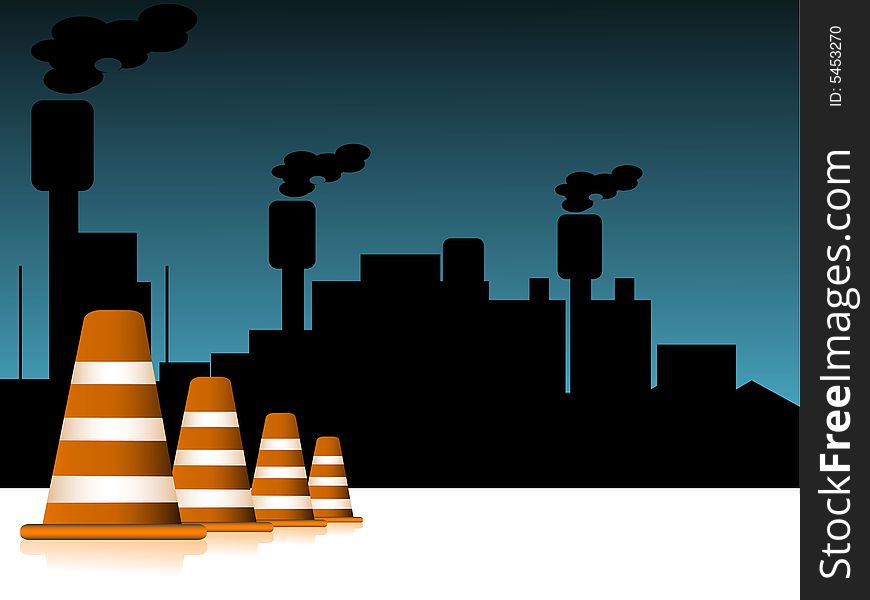 Silhouette of factory and road blockers on gradient background