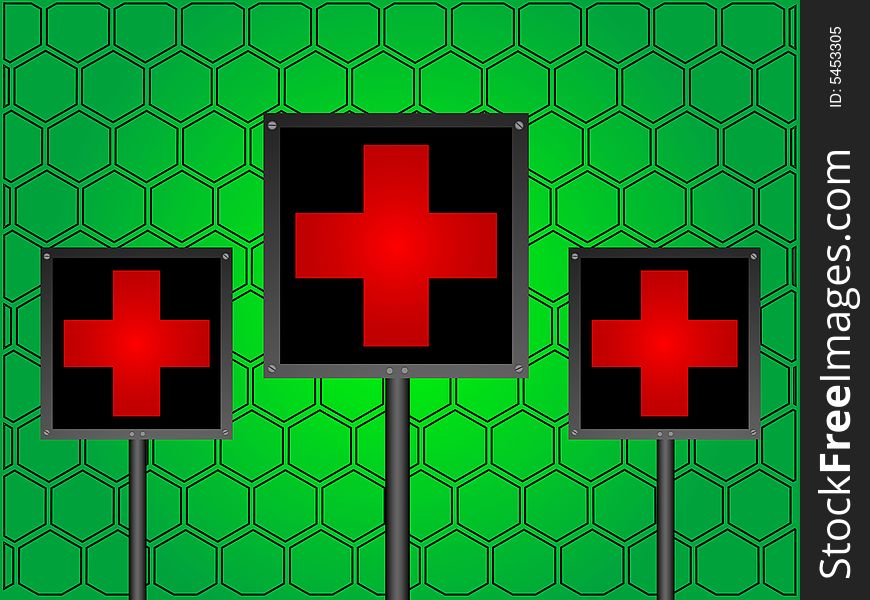 Medical sign board on hexagonal background