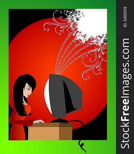 Lady working on computer circular background