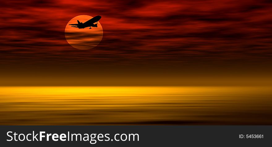 Passenger airplane silhouette against dark evening sky