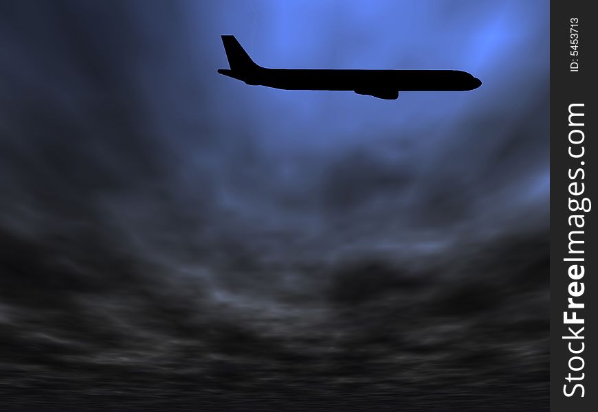 Passenger airplane silhouette against dark evening sky