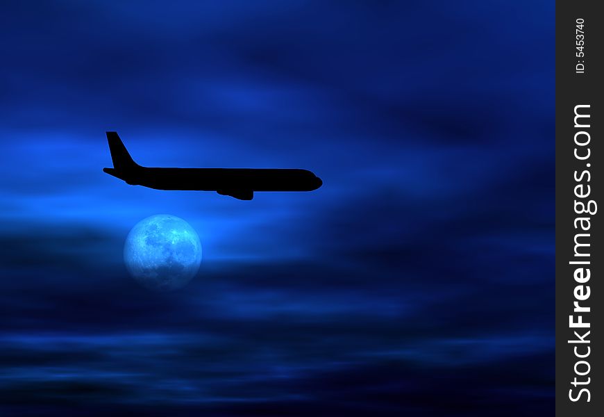 Passenger airplane silhouette against dark evening sky