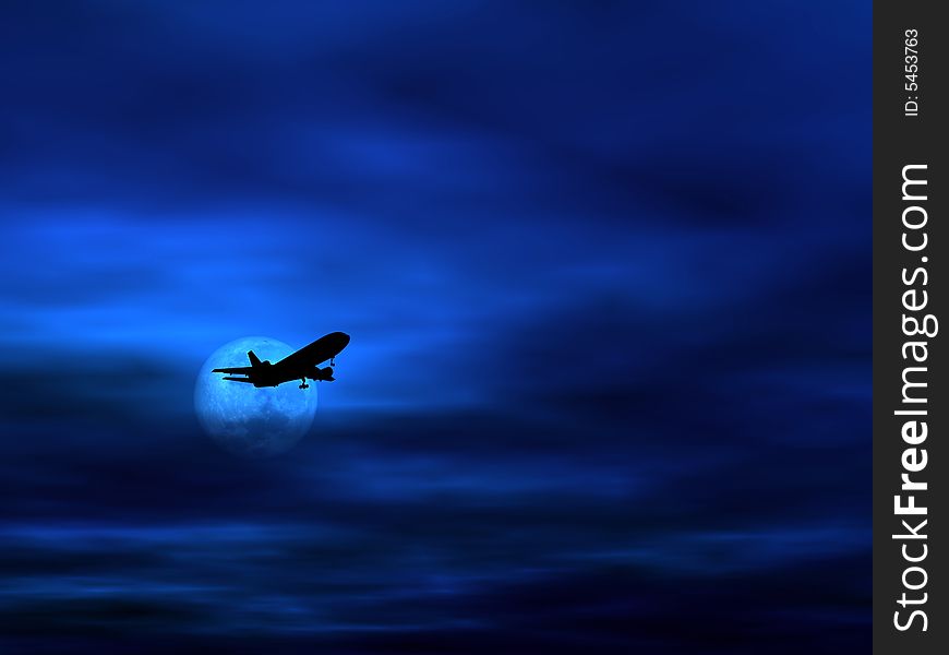 Passenger airplane silhouette against dark evening sky