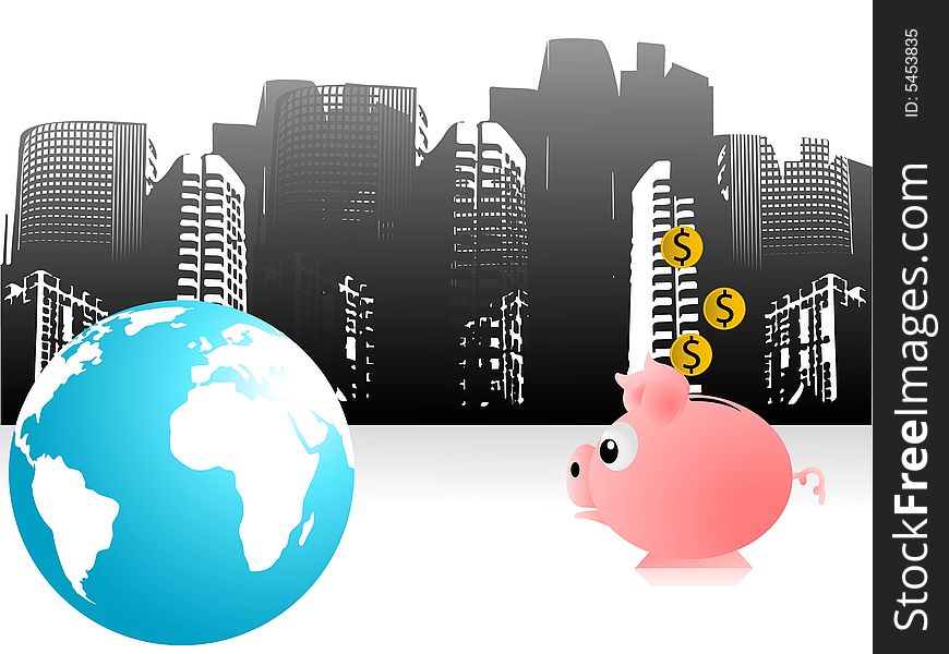 Piggy bank and earth on buildings