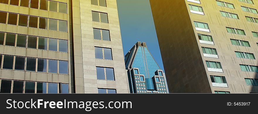 A panoramic view of the modern skyscrapers with offices in Montreal. A panoramic view of the modern skyscrapers with offices in Montreal.