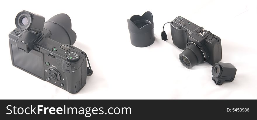 Professional digital camera black color in white background