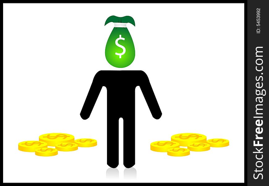 Money man with coins on isolated background