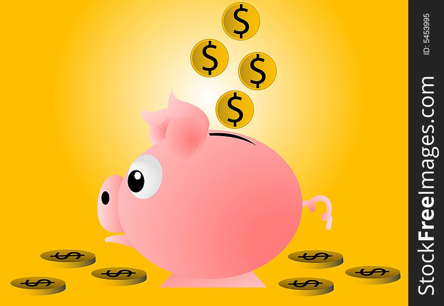 Piggy bank and coins on gradient background