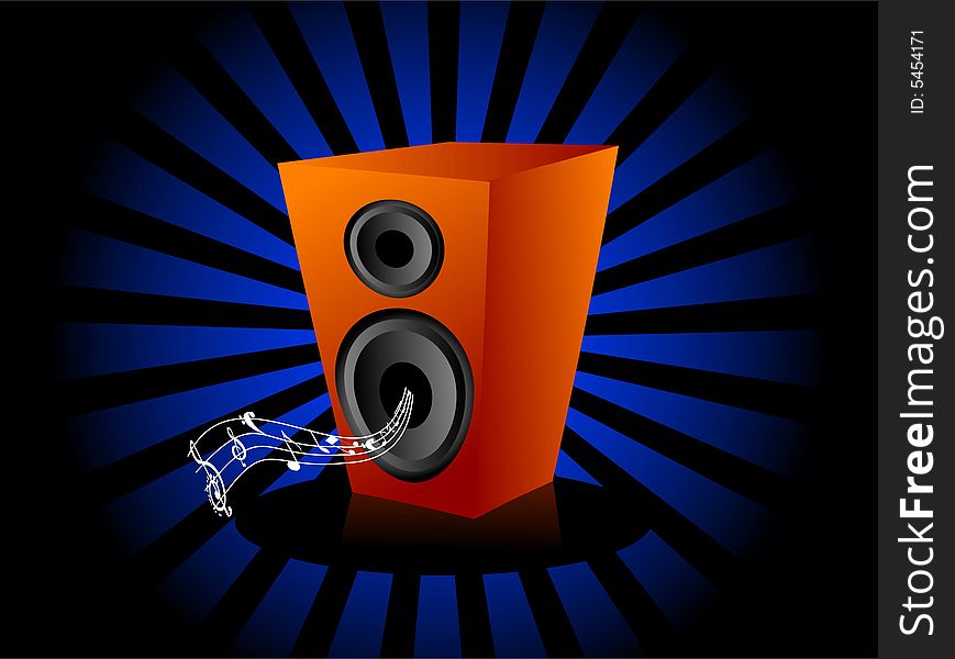 Sound box  on sunburst background. Sound box  on sunburst background