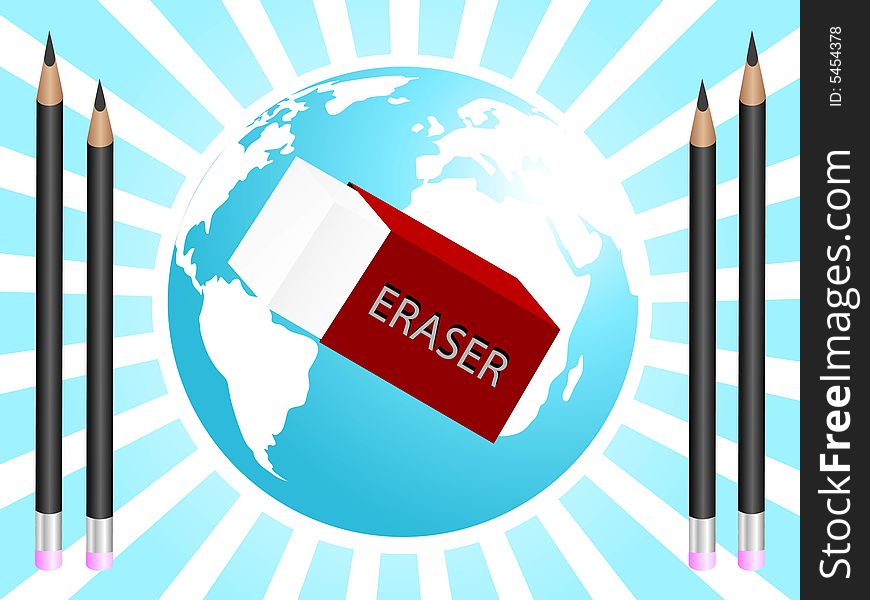 Eraser and pencils near globe