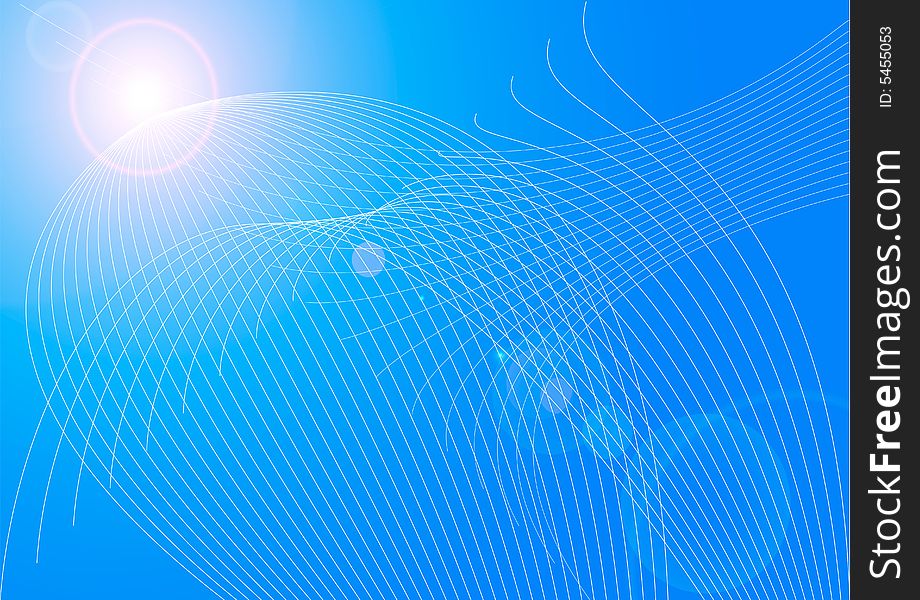 Abstract blue background with white wave line and lens flare