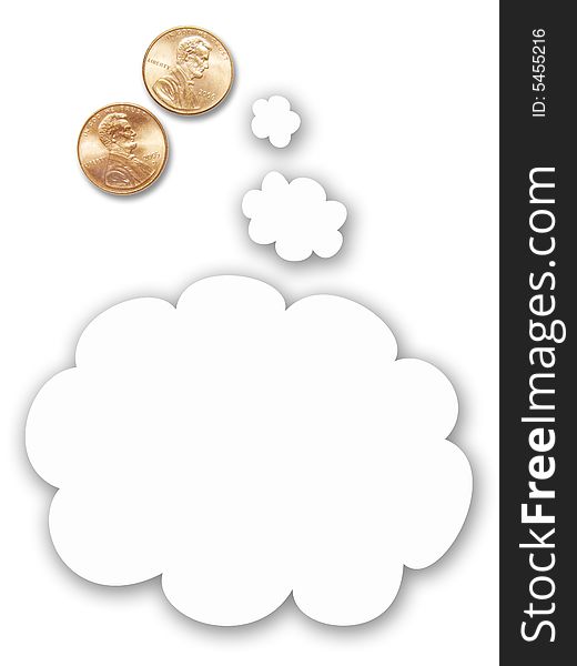 Two US pennies with cartoon thought balloon, vertical orientation. Two US pennies with cartoon thought balloon, vertical orientation