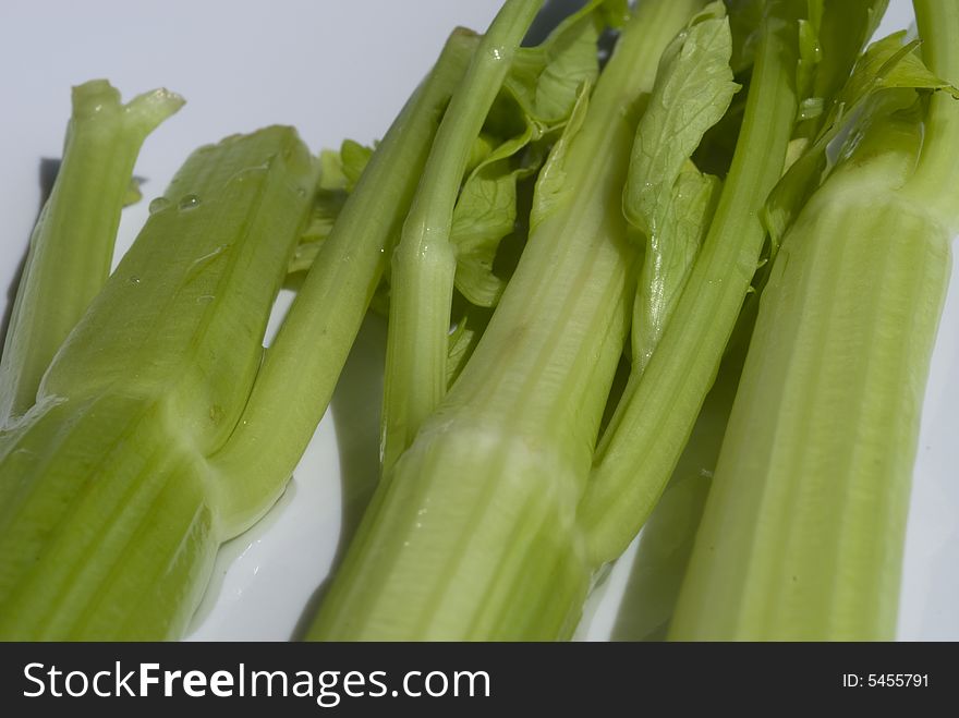 A closeup of celery stalks on white background.