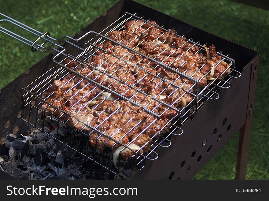 Meat on a grill on a green background. Meat on a grill on a green background