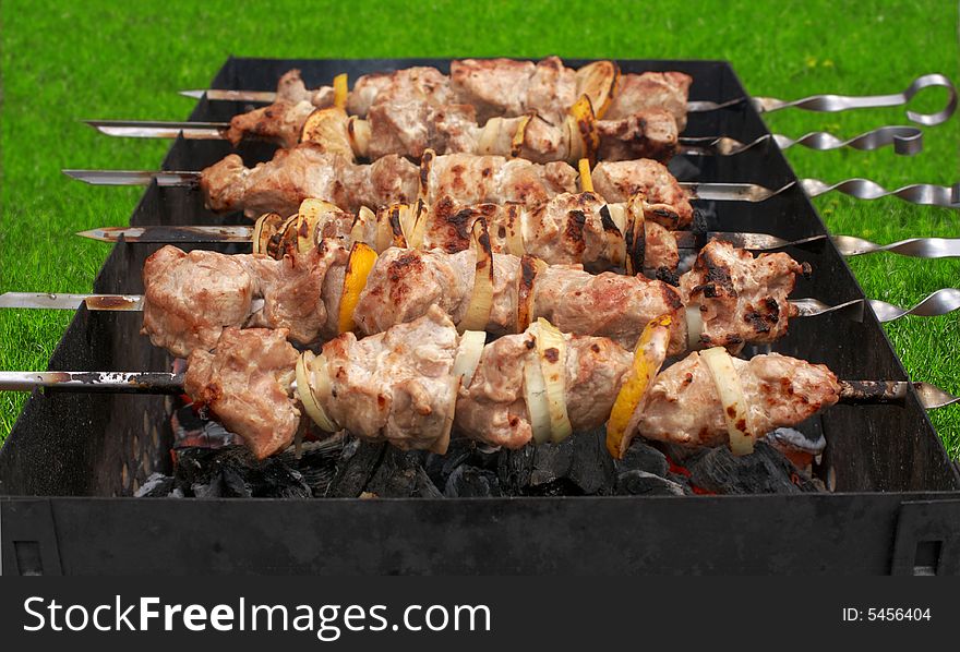 Kebab, meat on a grill on a green background. Kebab, meat on a grill on a green background