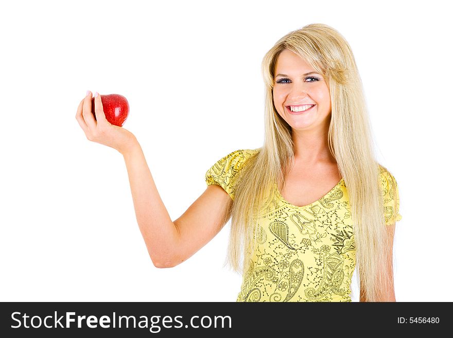 Long haired blond girl with an apple. Long haired blond girl with an apple