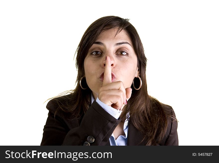 Businesswoman doing the silence sign with her hand isolated on white background