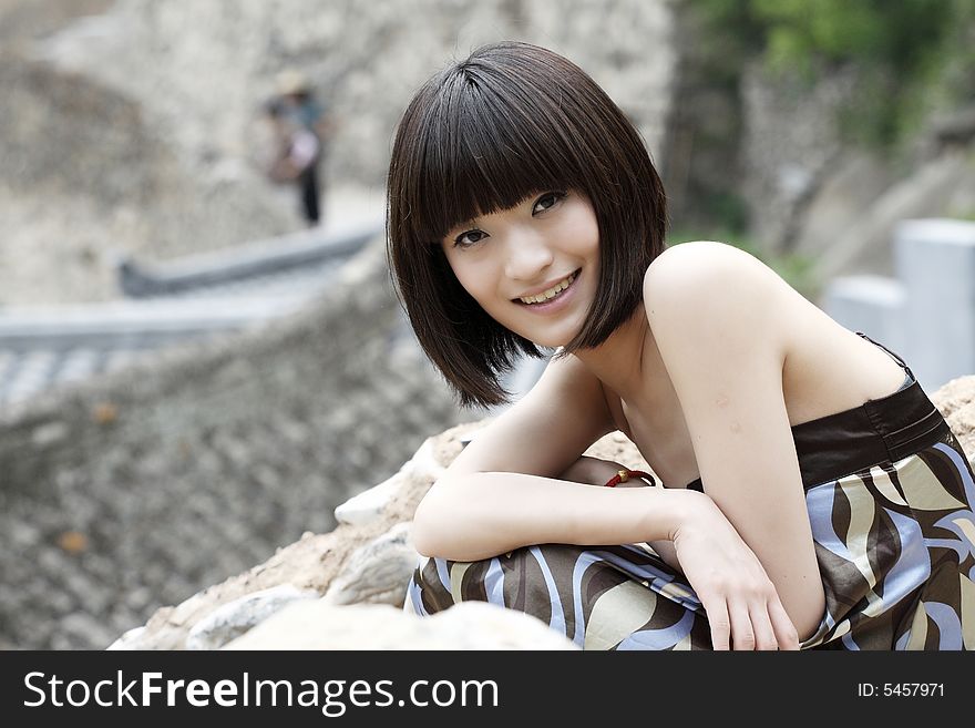 A Chinese girl in the ancient village .. This ancient village has 500 years of history.