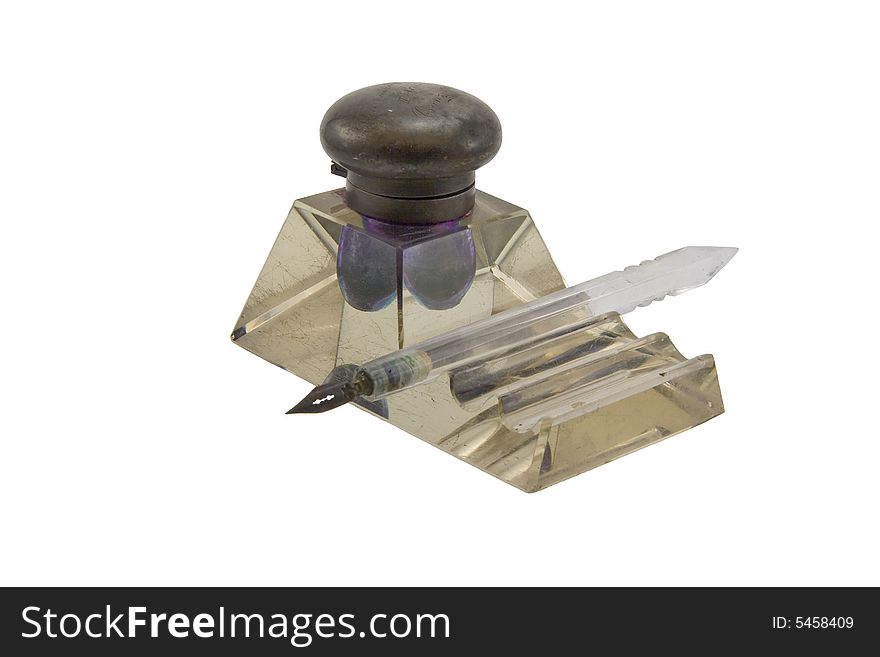 Old Inkwell with pen. Isolated in White. Old Inkwell with pen. Isolated in White.