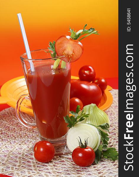 Tomato juice with a stick of celery. Tomato juice with a stick of celery