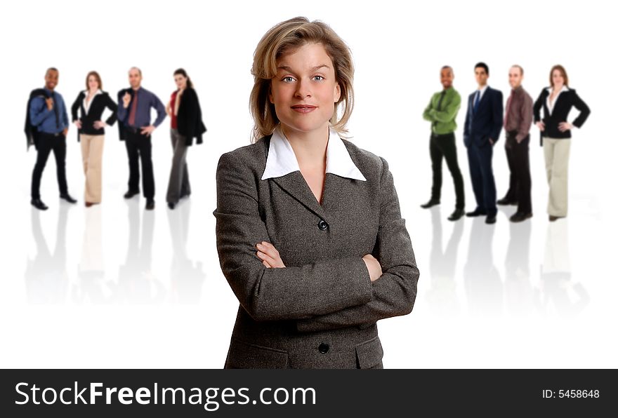 Woman in a grey jacket with her business team. Woman in a grey jacket with her business team