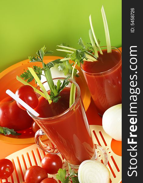 Tomato juice with a stick of celery. Tomato juice with a stick of celery