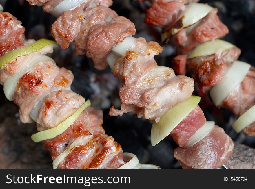 Preparing kebab at outdoors picnic using. Preparing kebab at outdoors picnic using